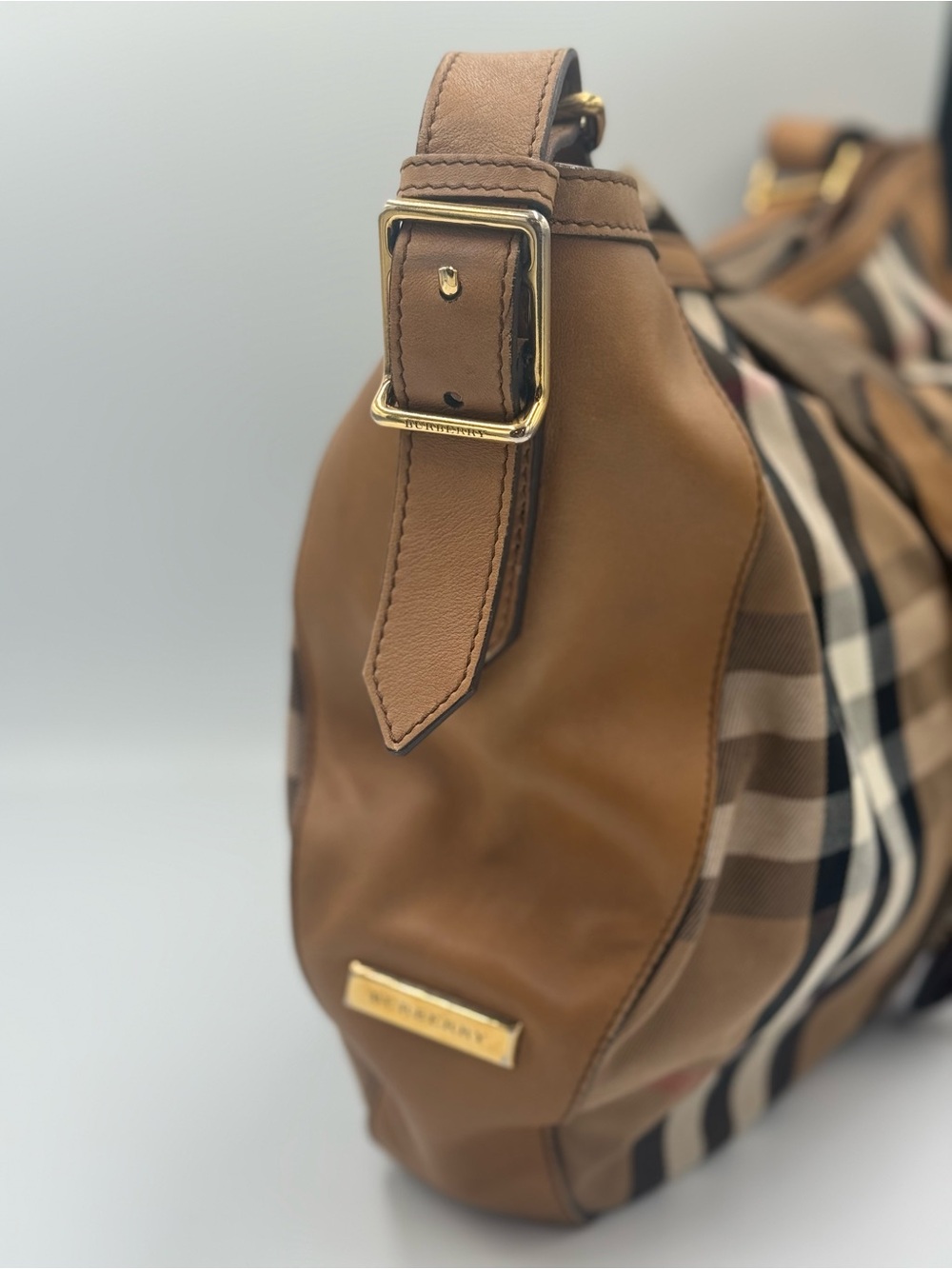 Burberry Haymarket House Check Leather and Canvas Hobo Bag - Picture 3 of 15